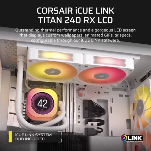 CORSAIR iCUE LINK TITAN 240 RX LCD AIO Liquid CPU Cooler (CW-9061025-WW) - White, 240mm radiator, 2.1" (480x480) IPS Dispaly, iCUE LINK System Hub included