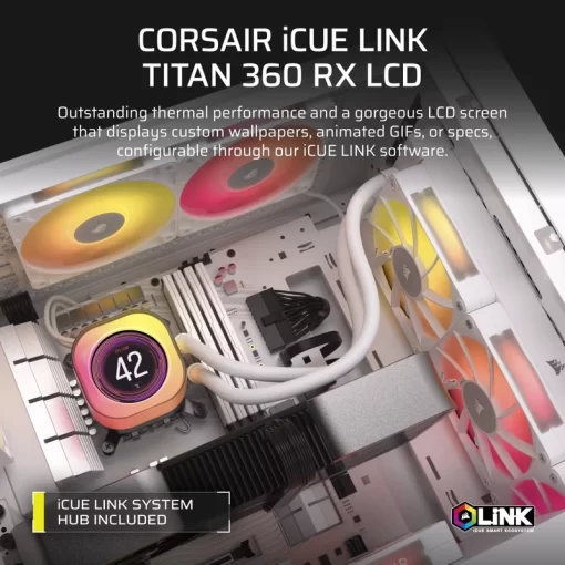 CORSAIR iCUE LINK TITAN 360 RX LCD AIO Liquid CPU Cooler (CW-9061026-WW) - White, 360mm radiator, 2.1" (480x480) IPS Dispaly, iCUE LINK System Hub included (Sao chép)