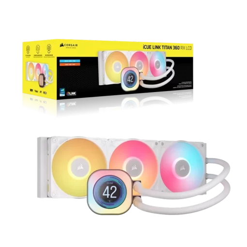 CORSAIR iCUE LINK TITAN 360 RX LCD AIO Liquid CPU Cooler (CW-9061026-WW) - White, 360mm radiator, 2.1" (480x480) IPS Dispaly, iCUE LINK System Hub included (Sao chép)