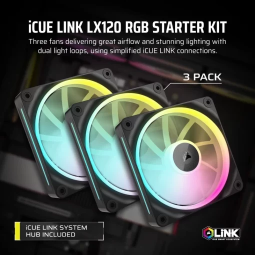 CORSAIR iCUE LINK LX120 RGB Black 120mm PWM Fans Starter Kit Fans - 120mm 2400RPM Static Pressure RGB Fan