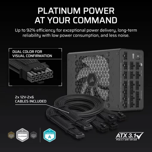 CORSAIR HX Series HX1200i ATX 3.1 PCIe 5.1 (2025) Fully Modular PSU - Dual 12V‑2×6 (GPU), 1200 Watt, 80 plus Platinum, Low-Noise