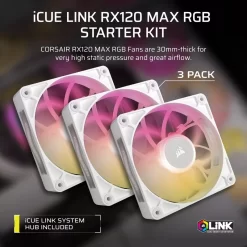 CORSAIR iCUE LINK RX120 MAX RGB White 120mm PWM Thick Fans Starter Kit Fans - 3x 120mm PWM Fan, iCUE LINK System Hub included 16 icue link rx120 max rgb wht start 02