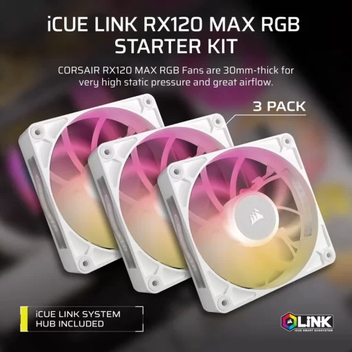 CORSAIR iCUE LINK RX120 MAX RGB White 120mm PWM Thick Fans Starter Kit Fans - 3x 120mm PWM Fan, iCUE LINK System Hub included