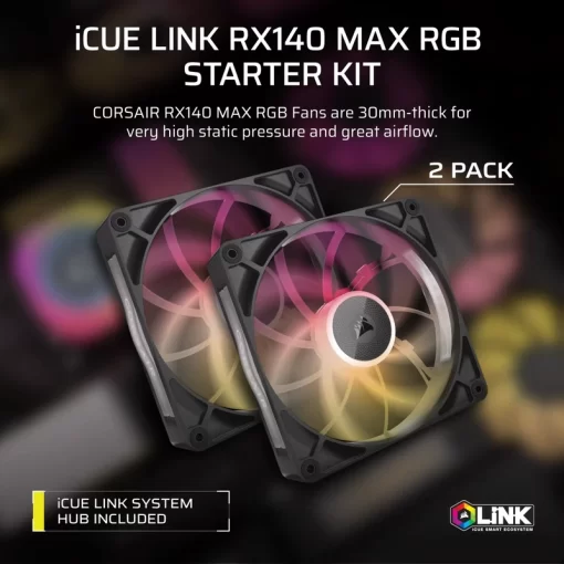 CORSAIR iCUE LINK RX140 MAX RGB Black 140mm PWM Thick Fans Starter Kit Fans - 2x 140mm PWM Fan, iCUE LINK System Hub included