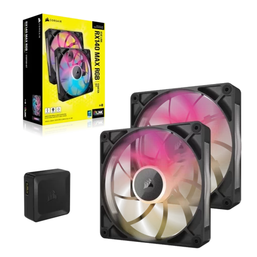 CORSAIR iCUE LINK RX140 MAX RGB Black 140mm PWM Thick Fans Starter Kit Fans - 2x 140mm PWM Fan, iCUE LINK System Hub included