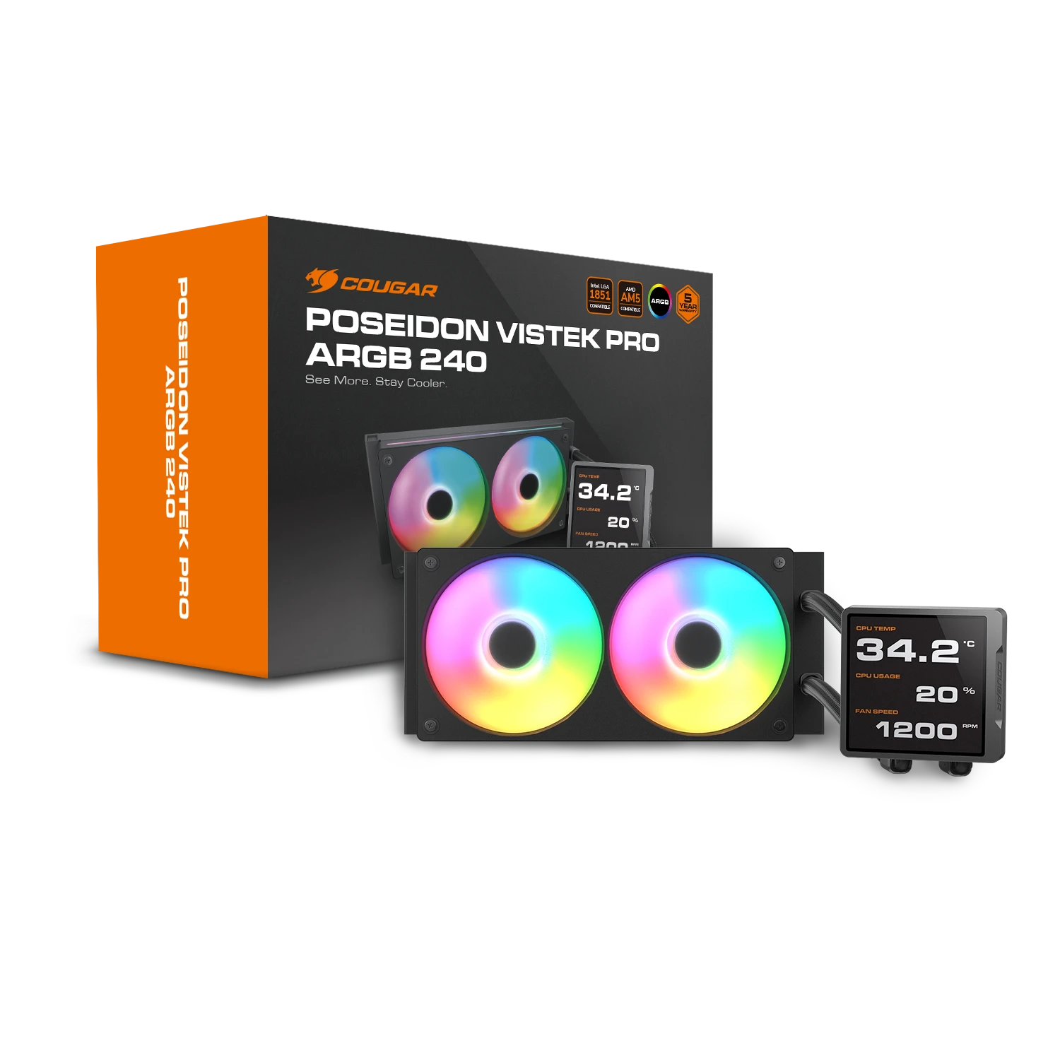 Cougar POSEIDON VISTEK PRO ARGB 360 Black AIO Liquid CPU Cooler - 3.95-inch IPS TFT LCD, 3x 120mm ARGB Fans 2 Cougar POSEIDON VISTEK PRO ARGB 360 Black AIO Liquid CPU Cooler - 3.95-inch IPS TFT LCD, 3x 120mm ARGB Fans