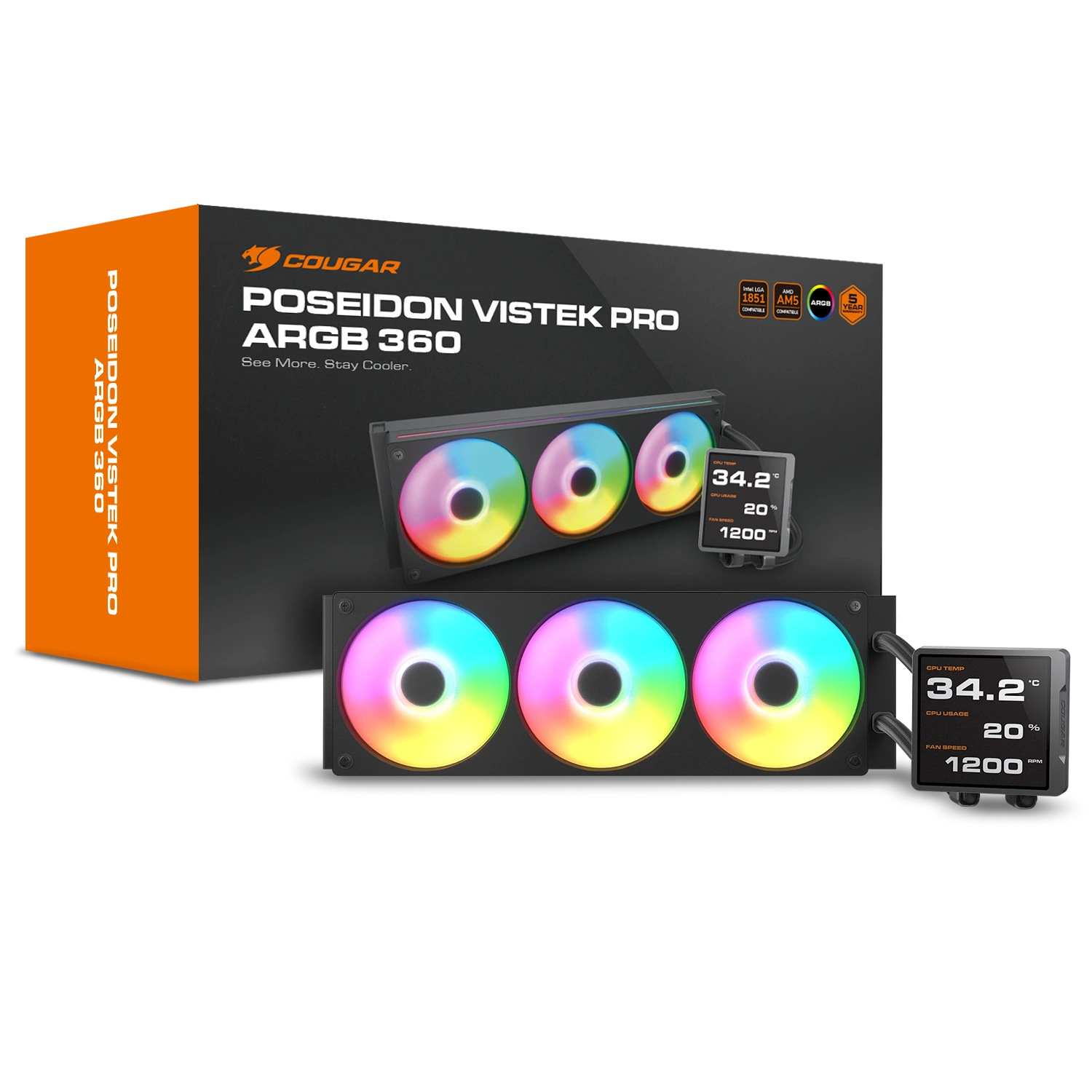 Cougar POSEIDON VISTEK PRO ARGB 360 Black AIO Liquid CPU Cooler - 3.95-inch IPS TFT LCD, 3x 120mm ARGB Fans 5 Cougar POSEIDON VISTEK PRO ARGB 360 Black AIO Liquid CPU Cooler - 3.95-inch IPS TFT LCD, 3x 120mm ARGB Fans