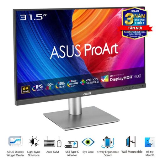 ASUS ProArt PA32QCV Professional Monitor - 32” IPS, 16:9, UHD 6K (6016 x 3384), ΔE < 2, Calman Verified, USB-C 96W, 60Hz, Ergonomic Stand