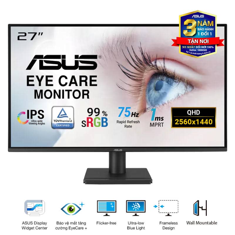 ASUS VA27AQ Eye Care Monitor - 27 inch, IPS QHD (2560 x 1440) Frameless, 75Hz, D-Sub (VGA) + DisplayPort + HDMI 2 ASUS VA27AQ Eye Care Monitor - 27 inch, IPS QHD (2560 x 1440) Frameless, 75Hz, D-Sub (VGA) + DisplayPort + HDMI