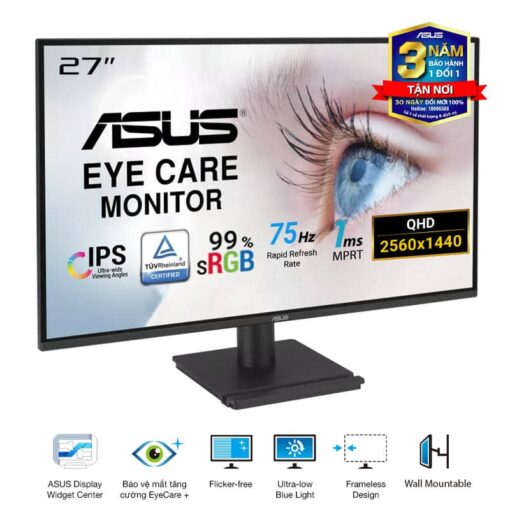 ASUS VA27AQ Eye Care Monitor - 27 inch, IPS QHD (2560 x 1440) Frameless, 75Hz, D-Sub (VGA) + DisplayPort + HDMI