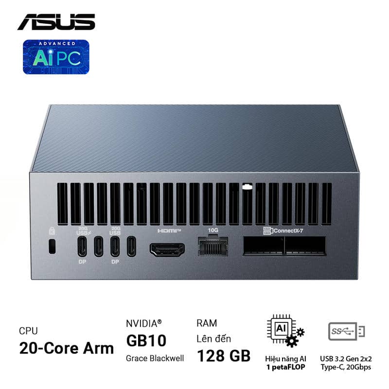ASUS Ascent GX10 GX10-GG0036BN Desktop AI supercomputer - 4TB NVMe PCIe 5.0 SSD, ARM v9.2-A, GB10 Grace Blackwell GPU, 1 petaFLOP, 128 GB LPDDR5x, Wi-Fi 7 (Gig+), BT5.0 5 ASUS Ascent GX10 GX10-GG0036BN Desktop AI supercomputer - 4TB NVMe PCIe 5.0 SSD, ARM v9.2-A, GB10 Grace Blackwell GPU, 1 petaFLOP, 128 GB LPDDR5x, Wi-Fi 7 (Gig+), BT5.0