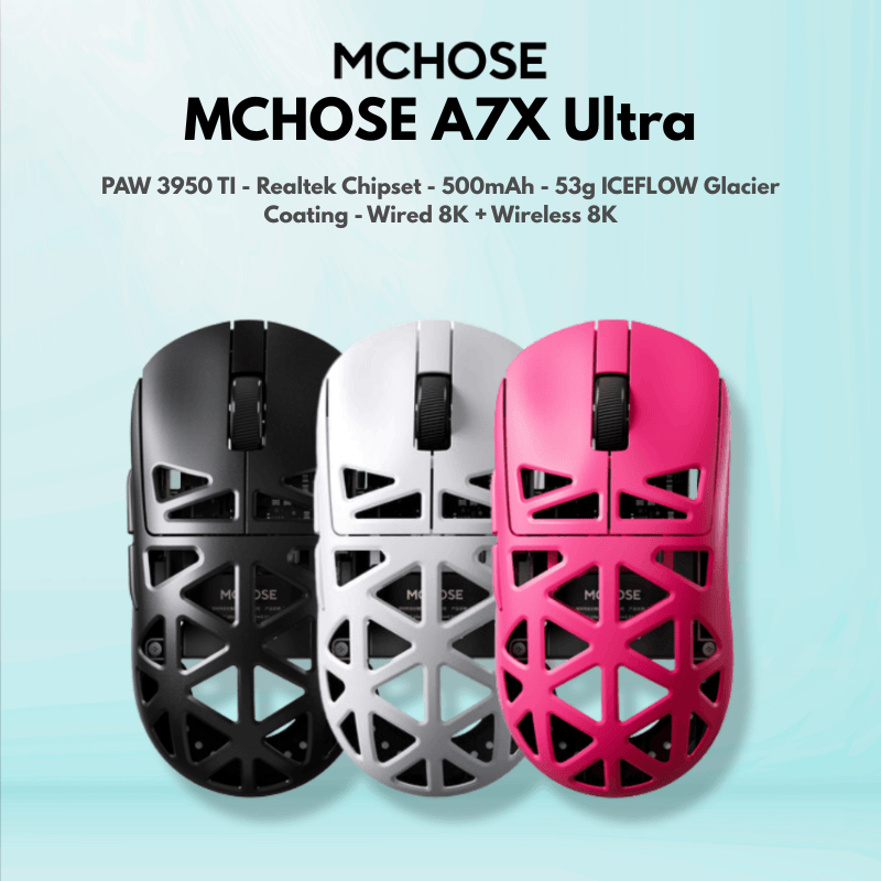 MCHOSE A7X Ultra Magnesium Alloy Wireless Gaming Mouse - 53g ICEFLOW Glacier Coating, PAW3950TI Sensor, Wired 8K + NANO Wireless 8K, 42000 DPI, 750 IPS 1 MCHOSE A7X Ultra Magnesium Alloy Wireless Gaming Mouse - 53g ICEFLOW Glacier Coating, PAW3950TI Sensor, Wired 8K + NANO Wireless 8K, 42000 DPI, 750 IPS