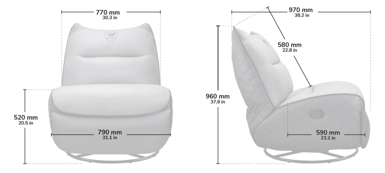 Cougar OVERLORD NEO Gaming Sofa Chair - Leather-like fabric + PVC leatherette, Grey Black, 150kg weight support 54 OVERLORD NEO Dimension1 768x345 1